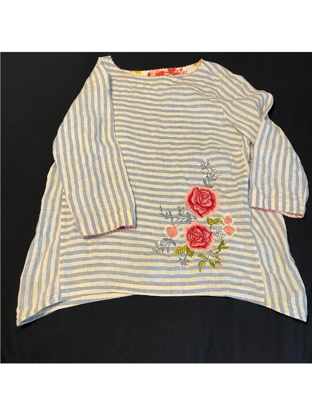 J Jill Embroidered Floral Boho Striped Love Linen Top Medium Contrast Sleeve